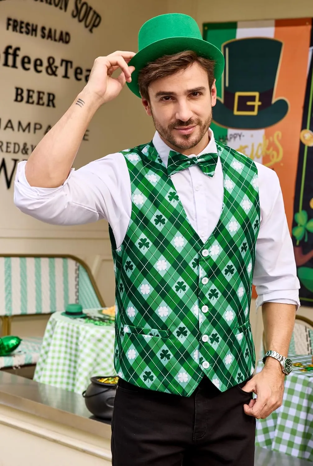 Arvilhill 2 Pcs Mens St Patrick's Day Vest Suit Bow Tie Irish Shamrock Outfit (S-XXL)