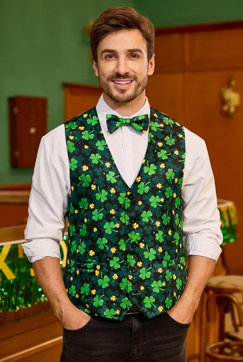 Arvilhill 2 Pcs Mens St Patrick's Day Vest Suit Bow Tie Irish Shamrock Outfit (S-XXL)