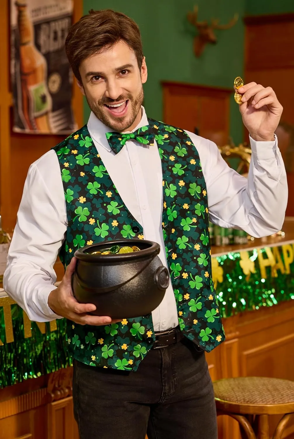 Arvilhill 2 Pcs Mens St Patrick's Day Vest Suit Bow Tie Irish Shamrock Outfit (S-XXL)
