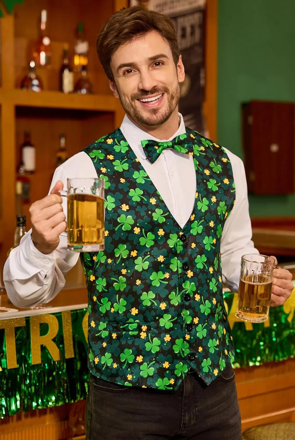 Arvilhill 2 Pcs Mens St Patrick's Day Vest Suit Bow Tie Irish Shamrock Outfit (S-XXL)