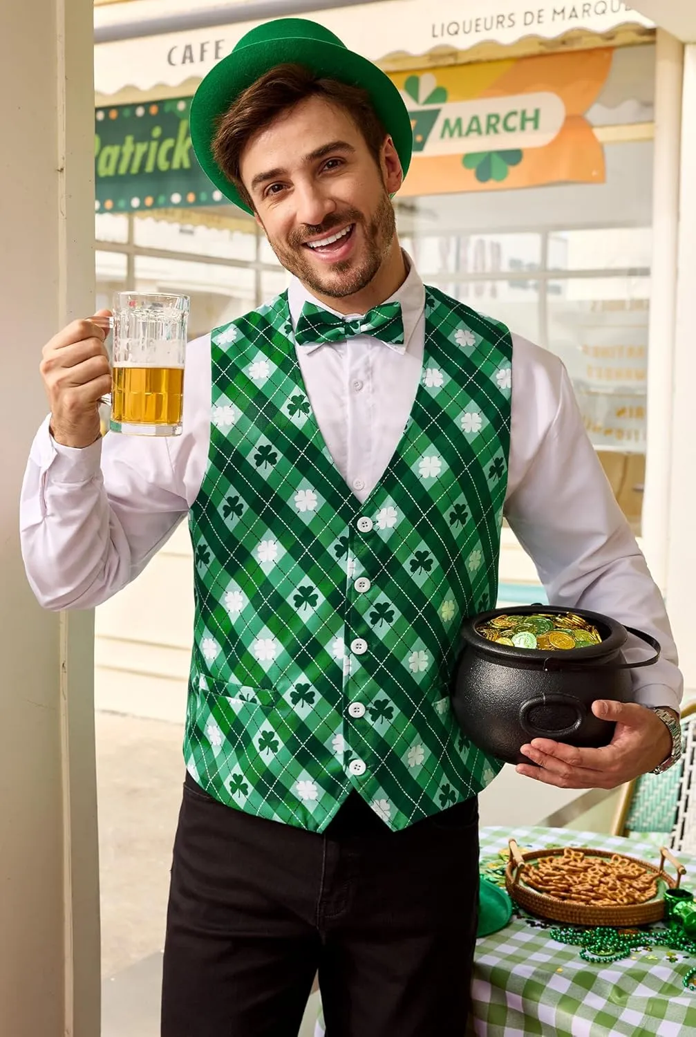 Arvilhill 2 Pcs Mens St Patrick's Day Vest Suit Bow Tie Irish Shamrock Outfit (S-XXL)