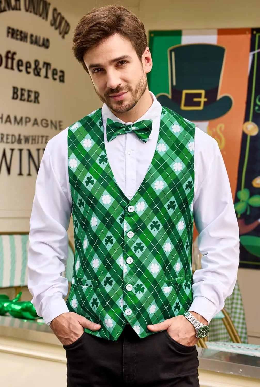 Arvilhill 2 Pcs Mens St Patrick's Day Vest Suit Bow Tie Irish Shamrock Outfit (S-XXL)