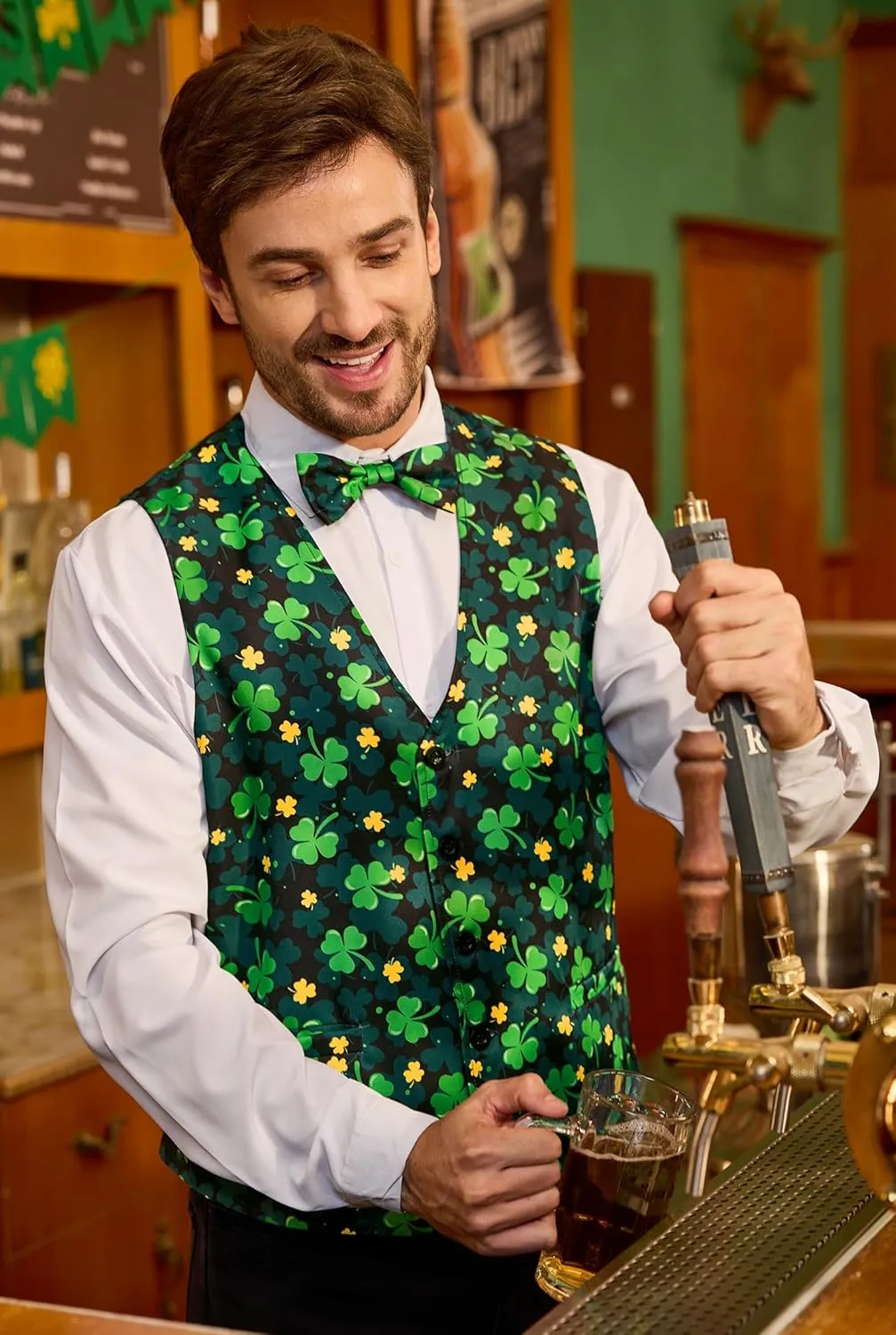 Arvilhill 2 Pcs Mens St Patrick's Day Vest Suit Bow Tie Irish Shamrock Outfit (S-XXL)