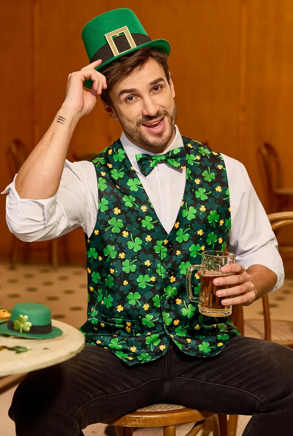 Arvilhill 2 Pcs Mens St Patrick's Day Vest Suit Bow Tie Irish Shamrock Outfit (S-XXL)