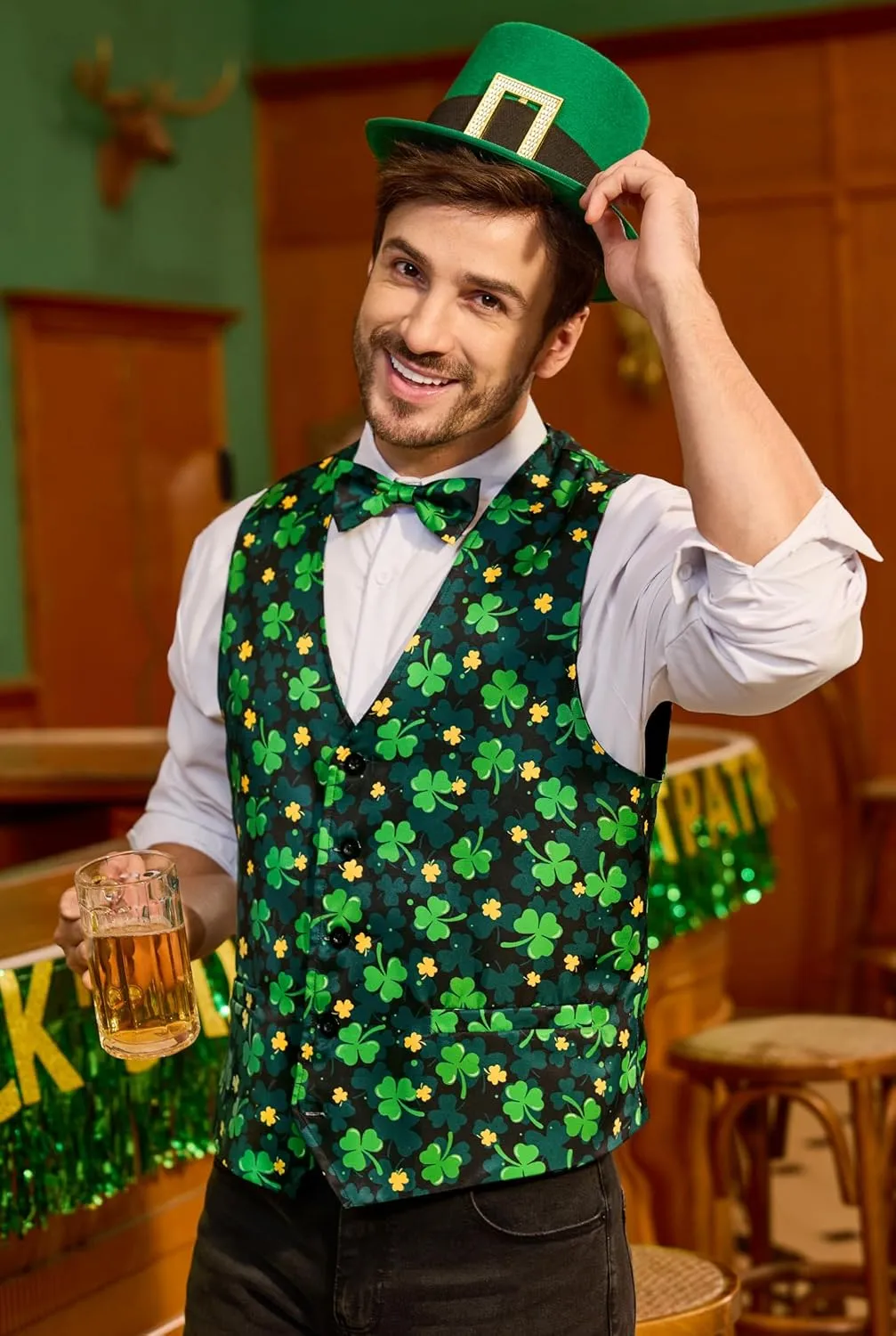 Arvilhill 2 Pcs Mens St Patrick's Day Vest Suit Bow Tie Irish Shamrock Outfit (S-XXL)
