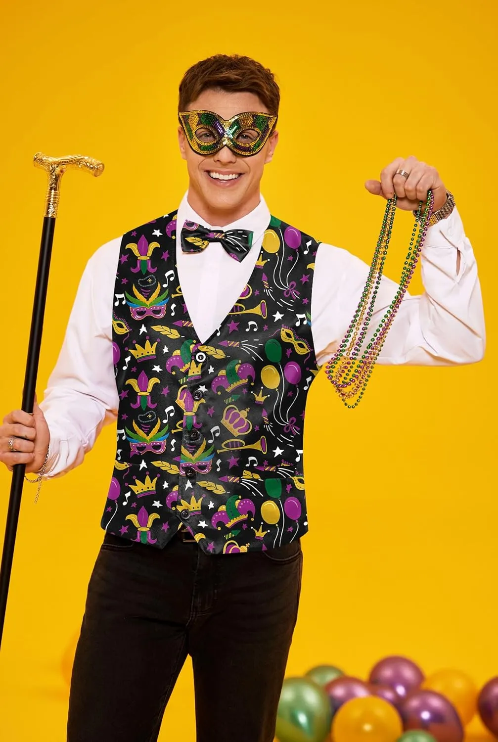 Arvilhill 3 Pcs Mens Mardi Gras Vest Suit Bow Tie Mask Sets Carnival Waistcoat (S-XXL)