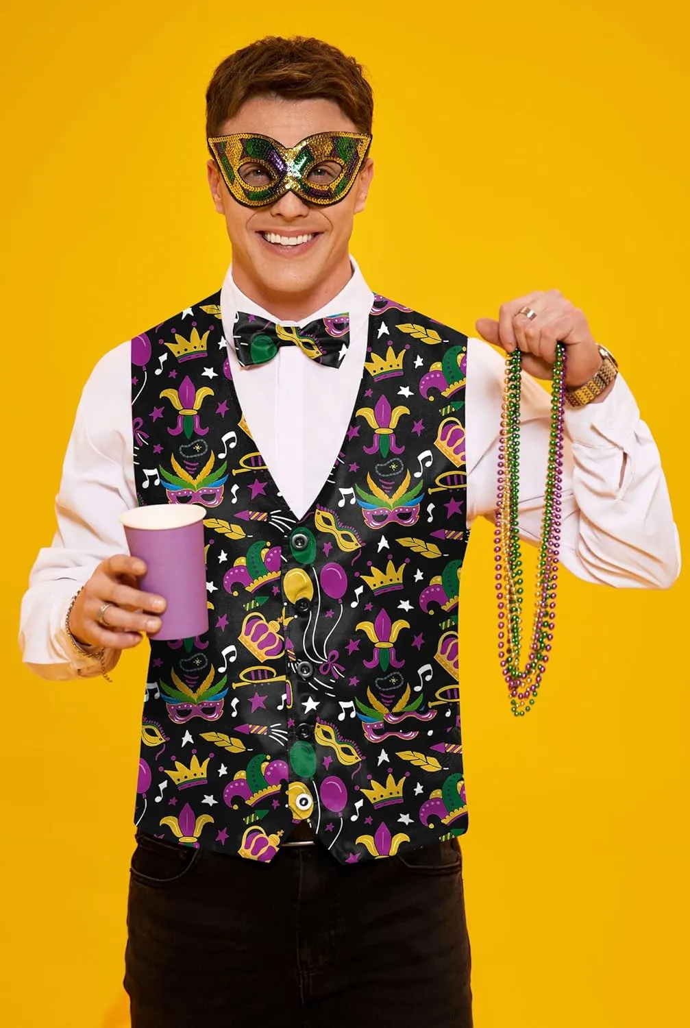Arvilhill 3 Pcs Mens Mardi Gras Vest Suit Bow Tie Mask Sets Carnival Waistcoat (S-XXL)