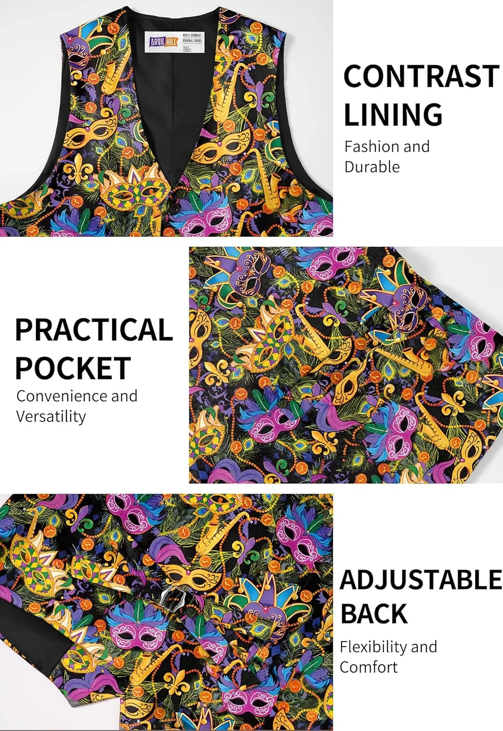 Arvilhill 3 Pcs Mens Mardi Gras Vest Suit Bow Tie Mask Sets Carnival Waistcoat (S-XXL)