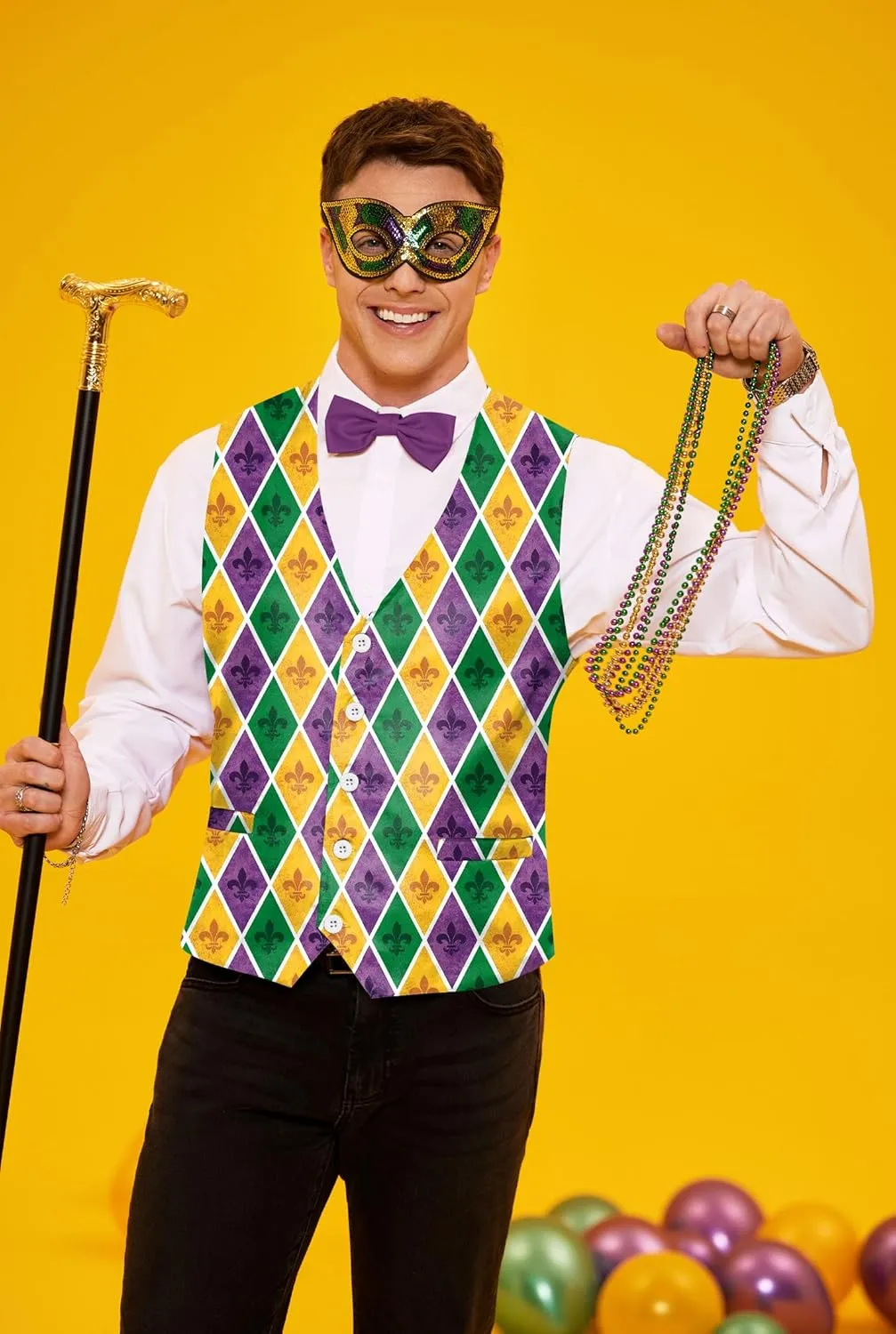 Arvilhill 3 Pcs Mens Mardi Gras Vest Suit Bow Tie Mask Sets Carnival Waistcoat (S-XXL)