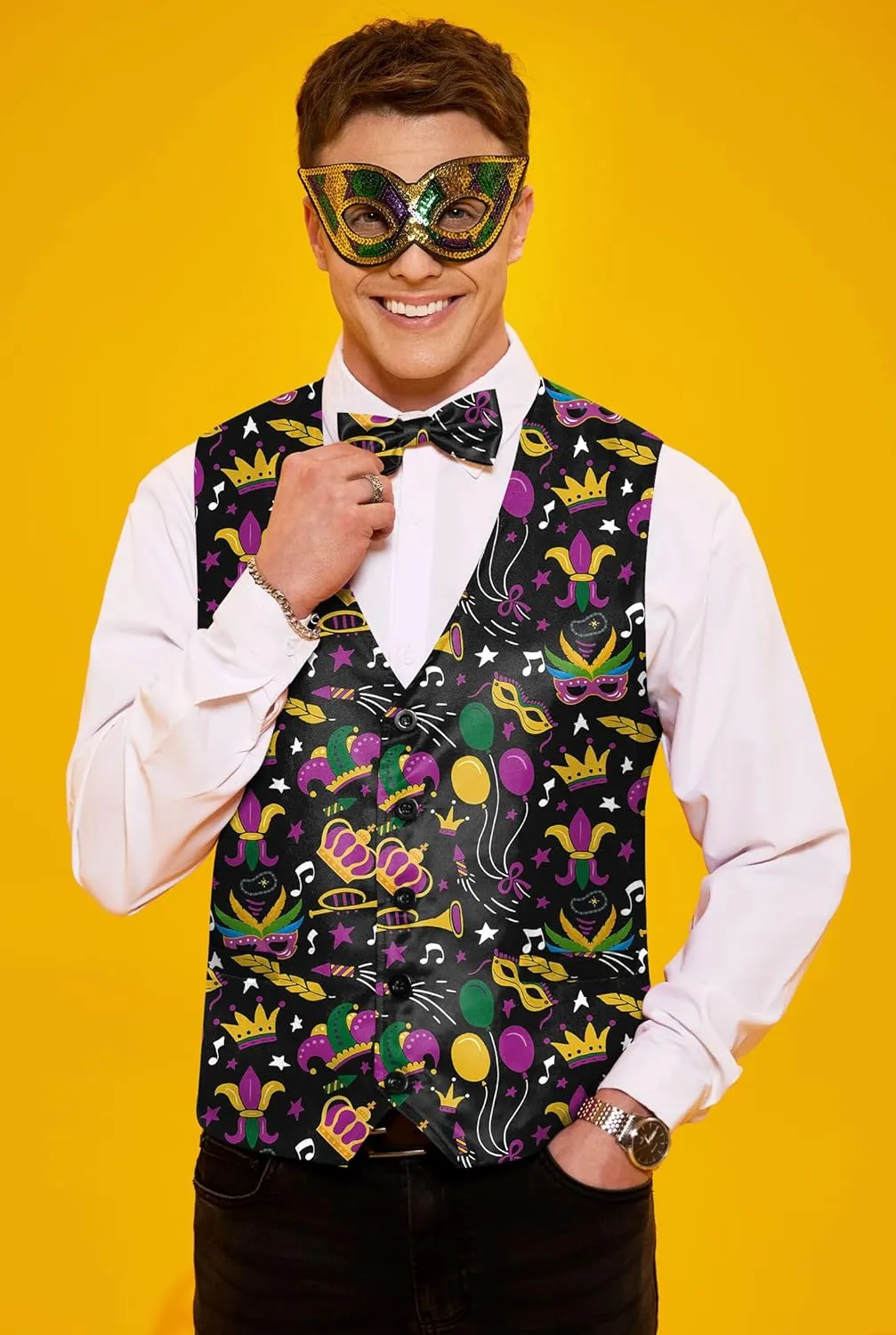 Arvilhill 3 Pcs Mens Mardi Gras Vest Suit Bow Tie Mask Sets Carnival Waistcoat (S-XXL)