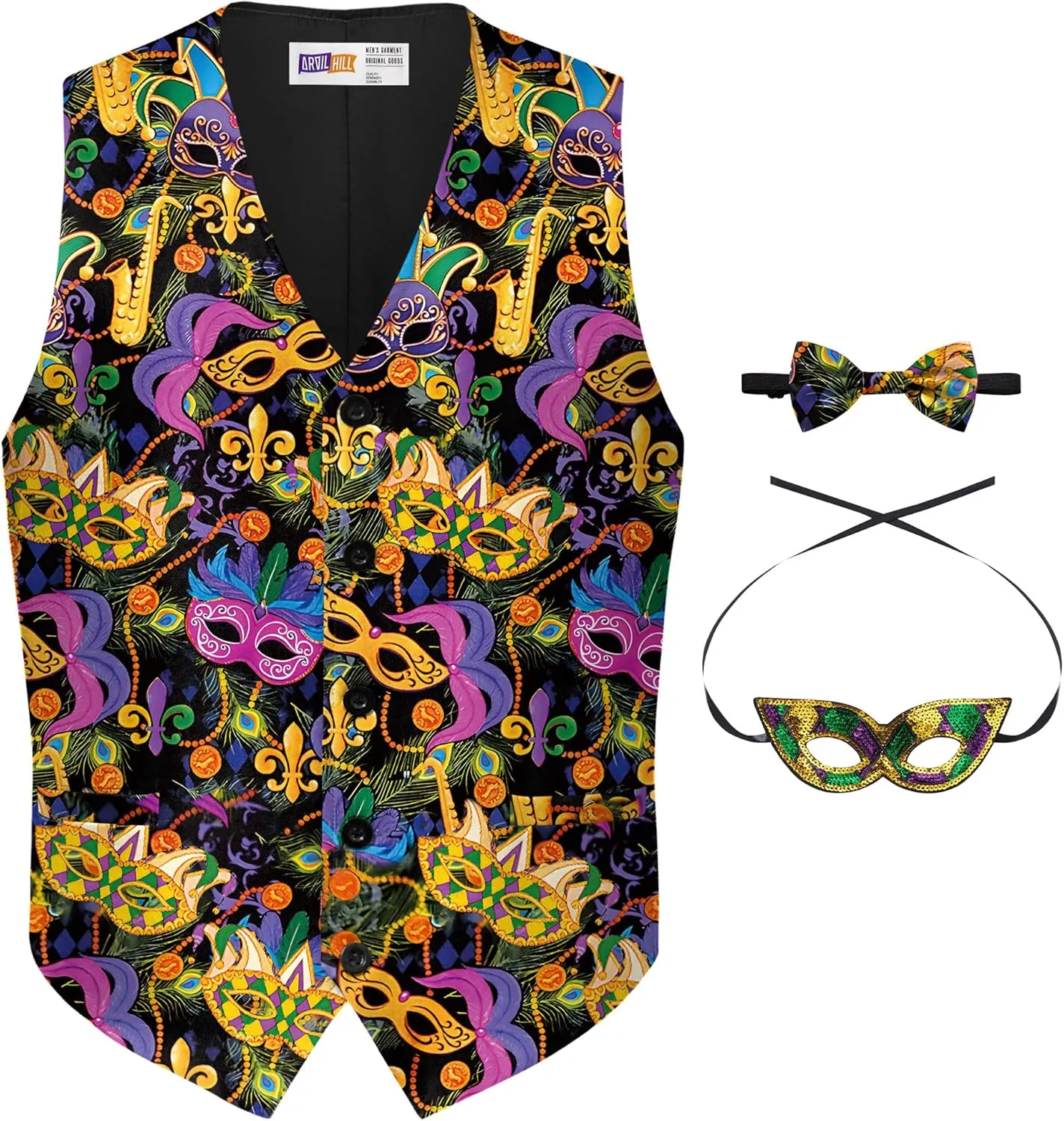 Arvilhill 3 Pcs Mens Mardi Gras Vest Suit Bow Tie Mask Sets Carnival Waistcoat (S-XXL)