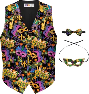 Arvilhill 3 Pcs Mens Mardi Gras Vest Suit Bow Tie Mask Sets Carnival Waistcoat (S-XXL)