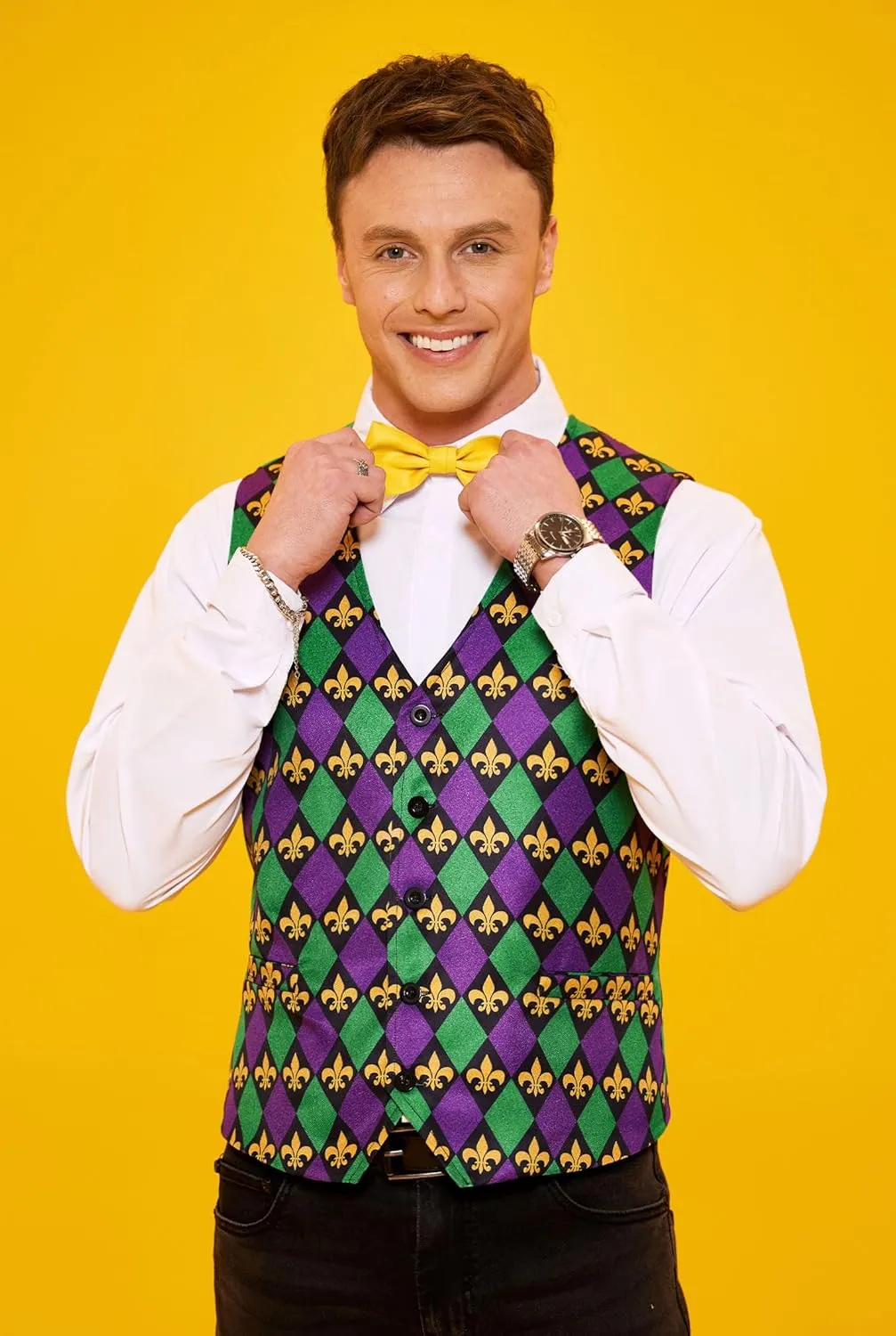 Arvilhill 3 Pcs Mens Mardi Gras Vest Suit Bow Tie Mask Sets Carnival Waistcoat (S-XXL)
