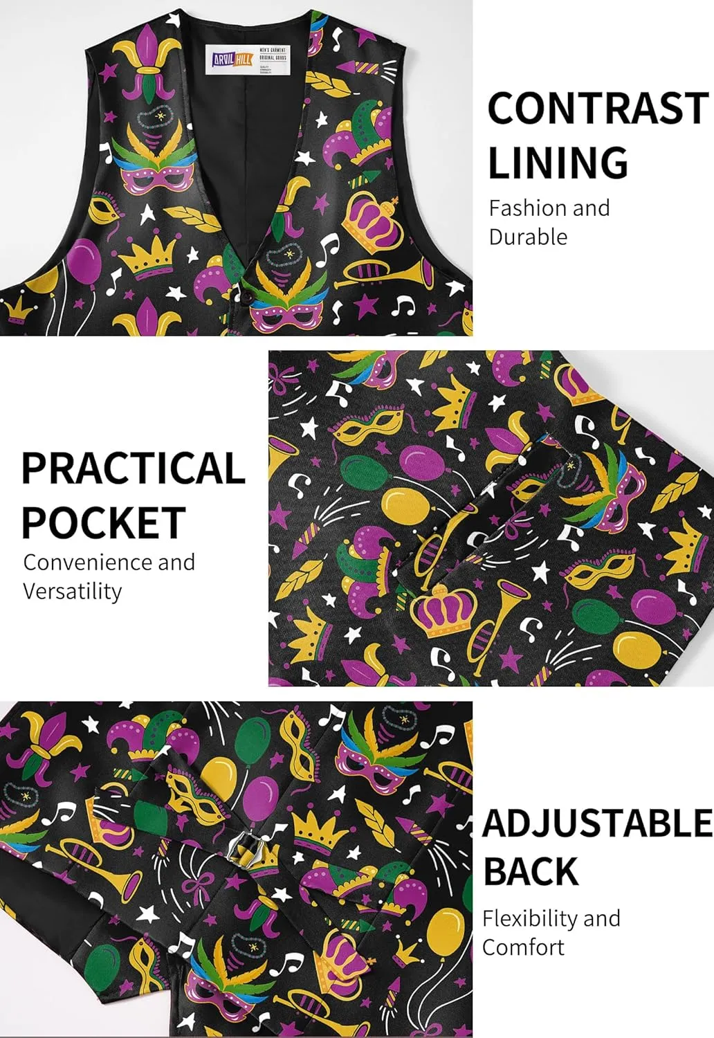 Arvilhill 3 Pcs Mens Mardi Gras Vest Suit Bow Tie Mask Sets Carnival Waistcoat (S-XXL)