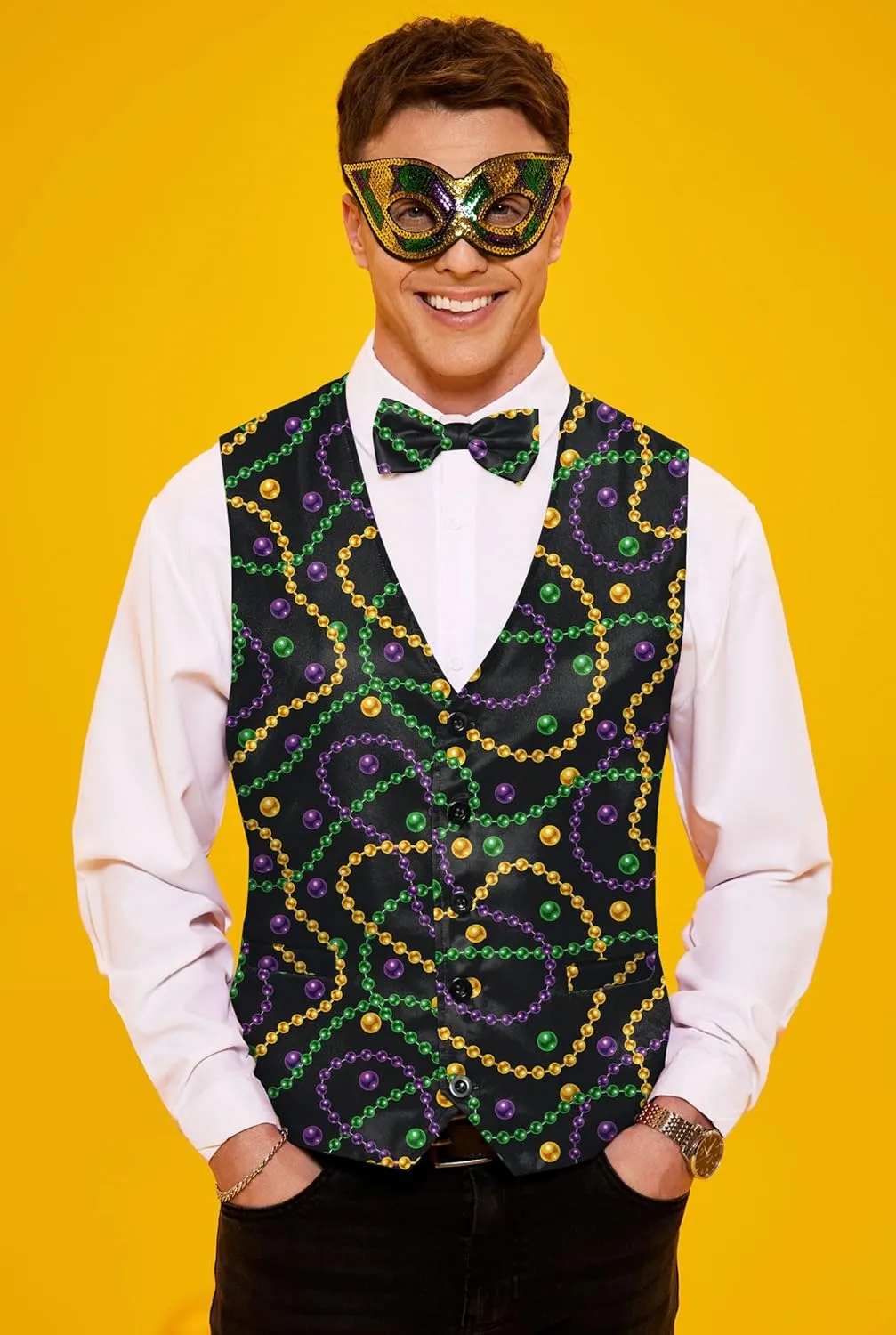 Arvilhill 3 Pcs Mens Mardi Gras Vest Suit Bow Tie Mask Sets Carnival Waistcoat (S-XXL)