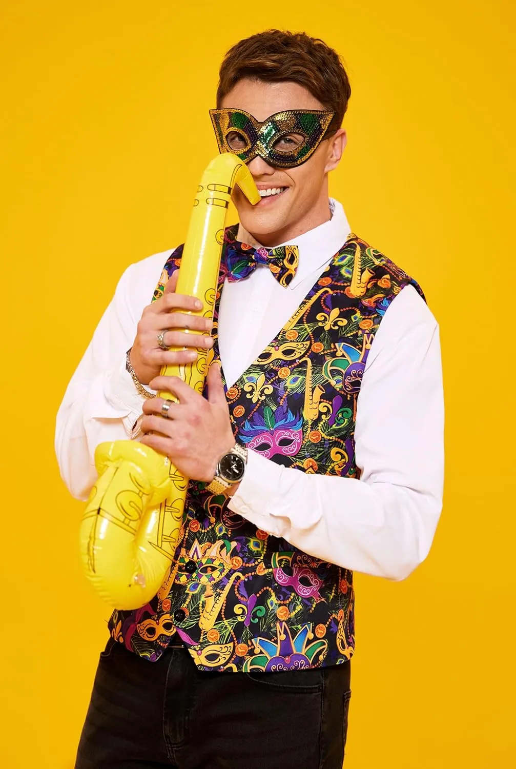 Arvilhill 3 Pcs Mens Mardi Gras Vest Suit Bow Tie Mask Sets Carnival Waistcoat (S-XXL)