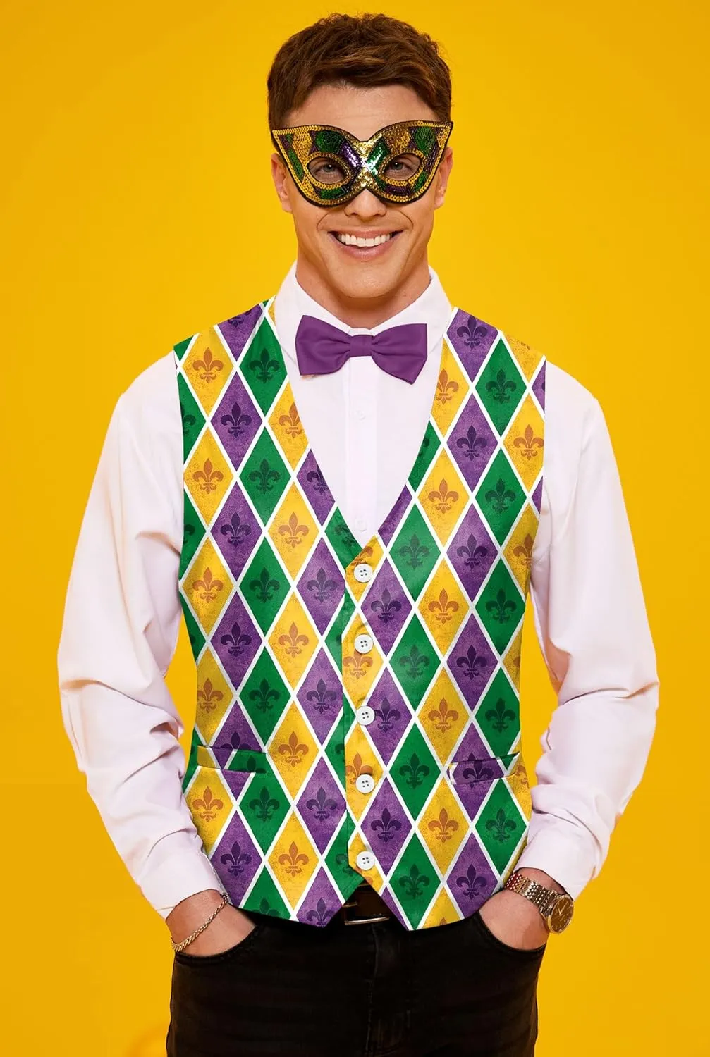 Arvilhill 3 Pcs Mens Mardi Gras Vest Suit Bow Tie Mask Sets Carnival Waistcoat (S-XXL)