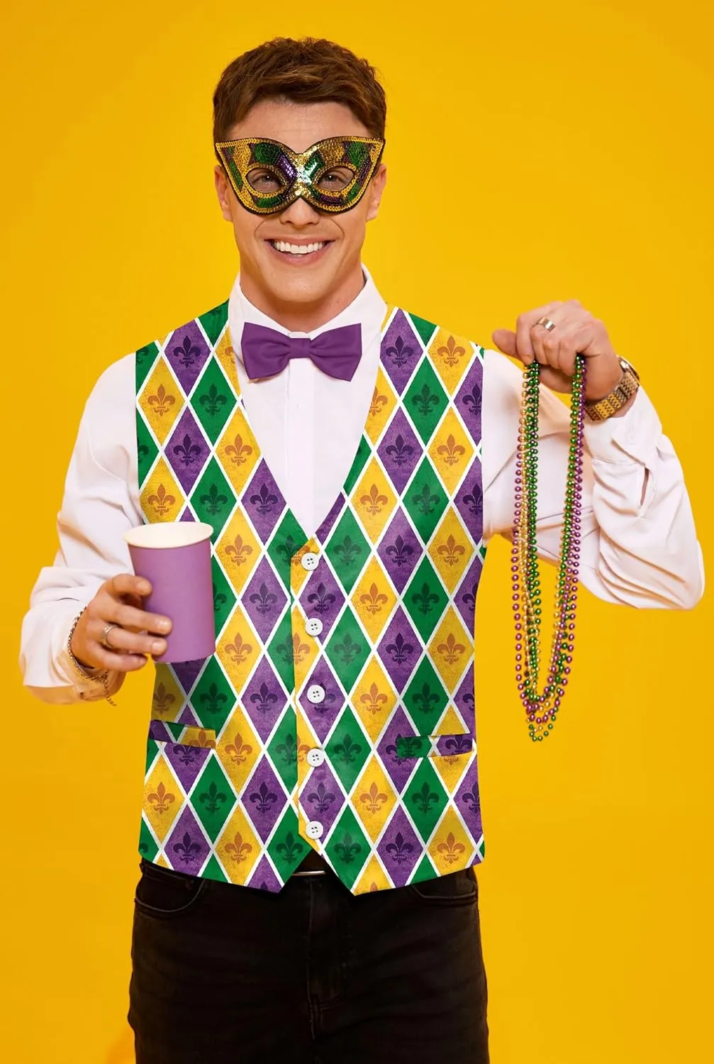 Arvilhill 3 Pcs Mens Mardi Gras Vest Suit Bow Tie Mask Sets Carnival Waistcoat (S-XXL)