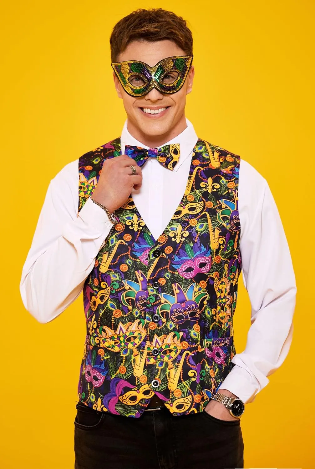 Arvilhill 3 Pcs Mens Mardi Gras Vest Suit Bow Tie Mask Sets Carnival Waistcoat (S-XXL)
