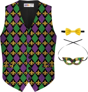 Arvilhill 3 Pcs Mens Mardi Gras Vest Suit Bow Tie Mask Sets Carnival Waistcoat (S-XXL)