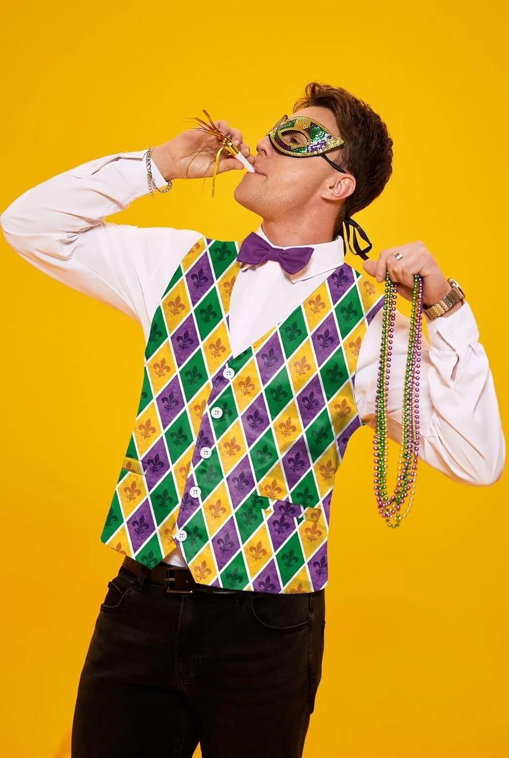 Arvilhill 3 Pcs Mens Mardi Gras Vest Suit Bow Tie Mask Sets Carnival Waistcoat (S-XXL)