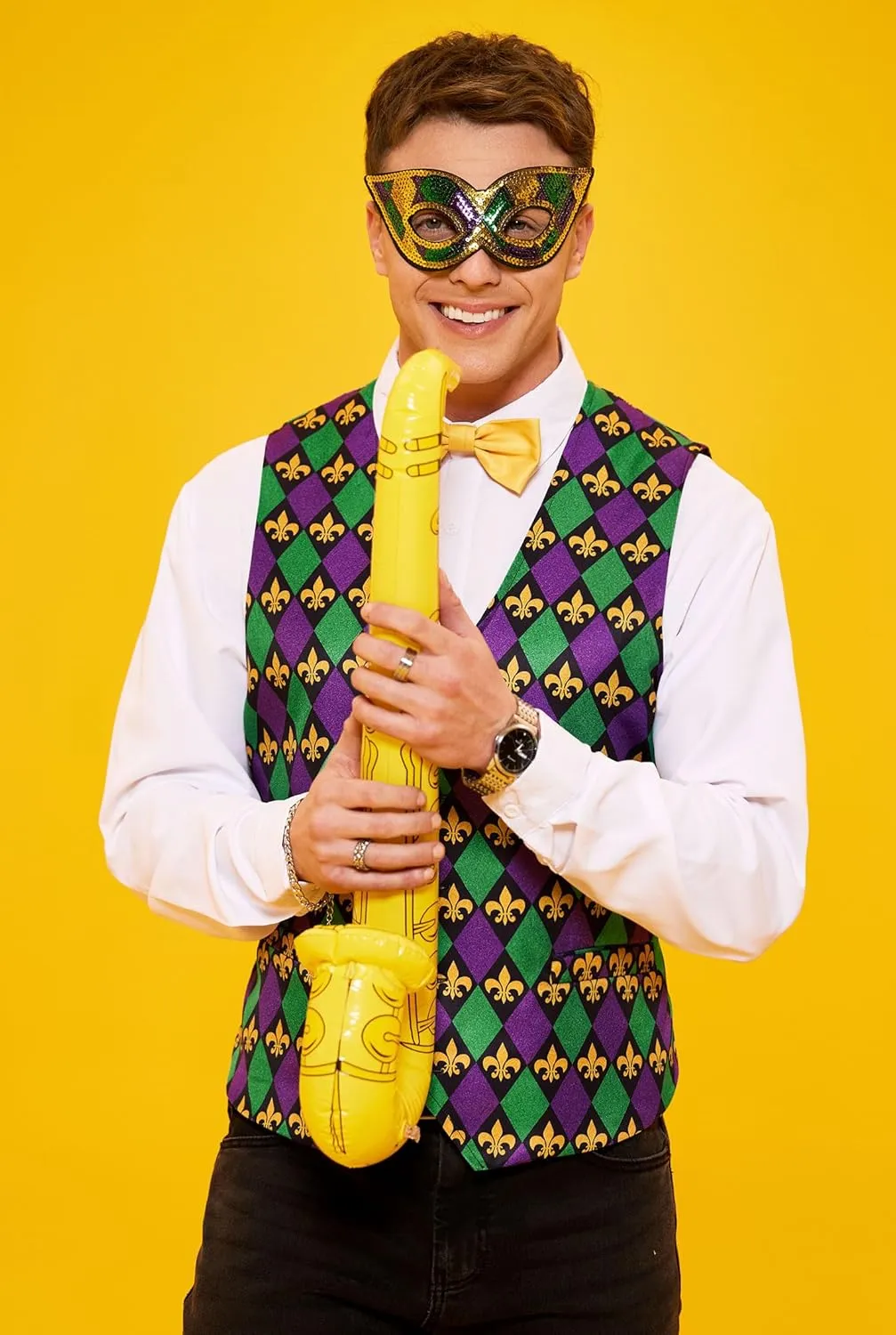 Arvilhill 3 Pcs Mens Mardi Gras Vest Suit Bow Tie Mask Sets Carnival Waistcoat (S-XXL)