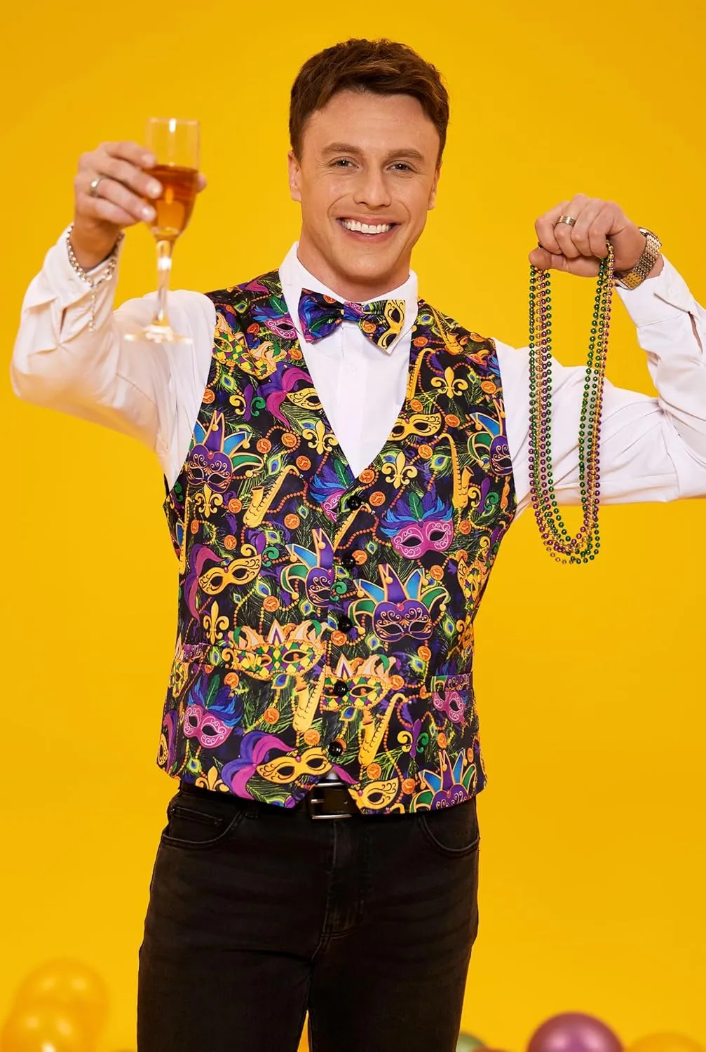 Arvilhill 3 Pcs Mens Mardi Gras Vest Suit Bow Tie Mask Sets Carnival Waistcoat (S-XXL)