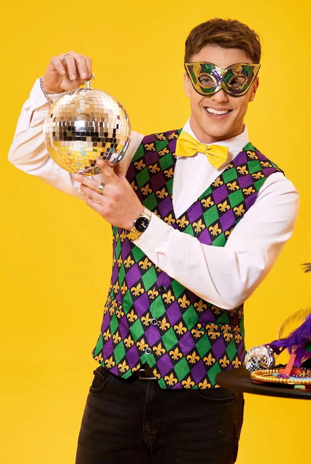 Arvilhill 3 Pcs Mens Mardi Gras Vest Suit Bow Tie Mask Sets Carnival Waistcoat (S-XXL)
