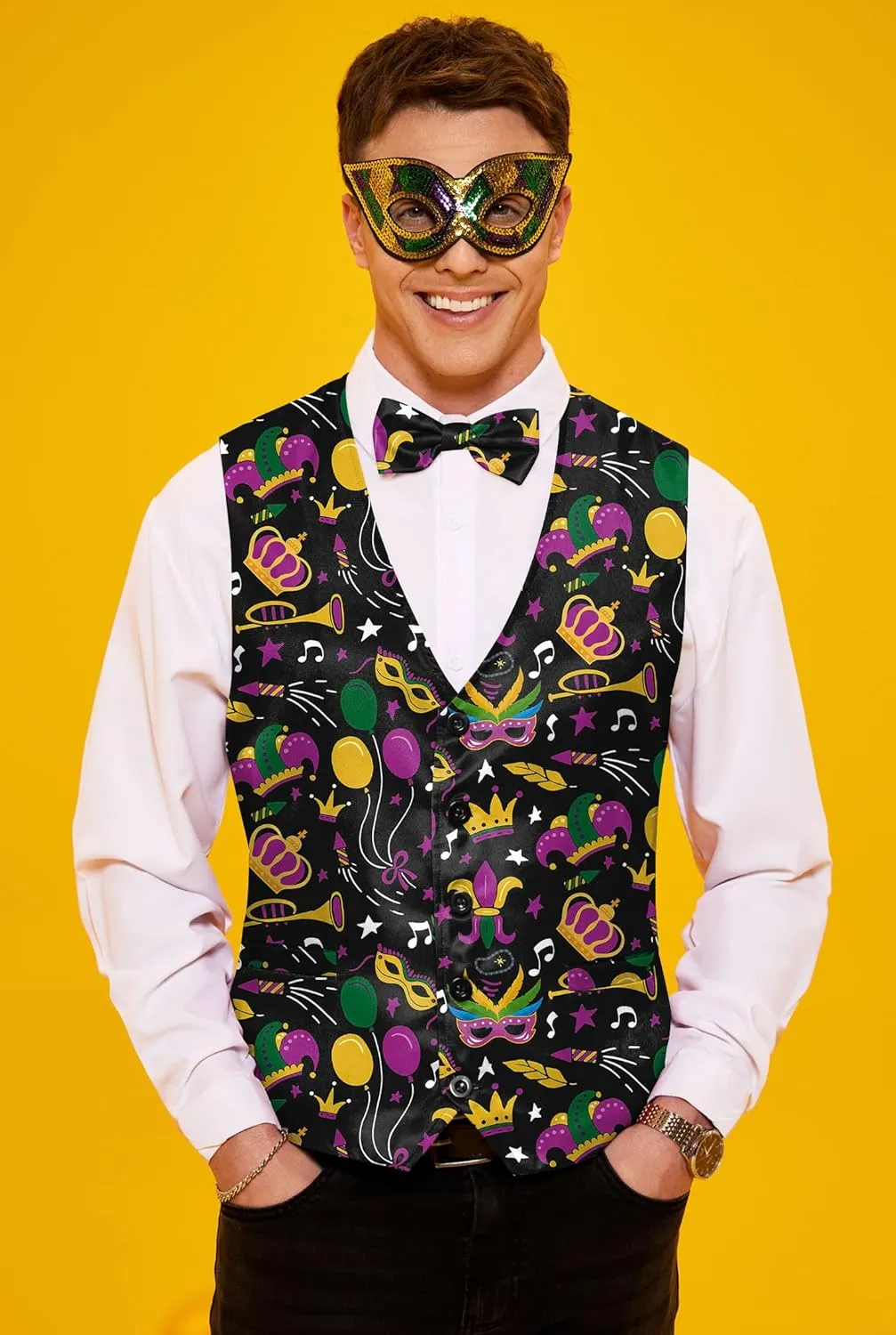 Arvilhill 3 Pcs Mens Mardi Gras Vest Suit Bow Tie Mask Sets Carnival Waistcoat (S-XXL)