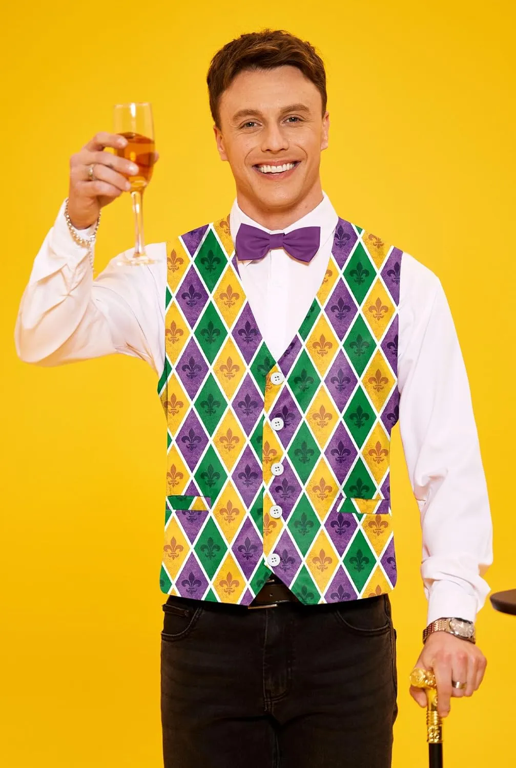 Arvilhill 3 Pcs Mens Mardi Gras Vest Suit Bow Tie Mask Sets Carnival Waistcoat (S-XXL)