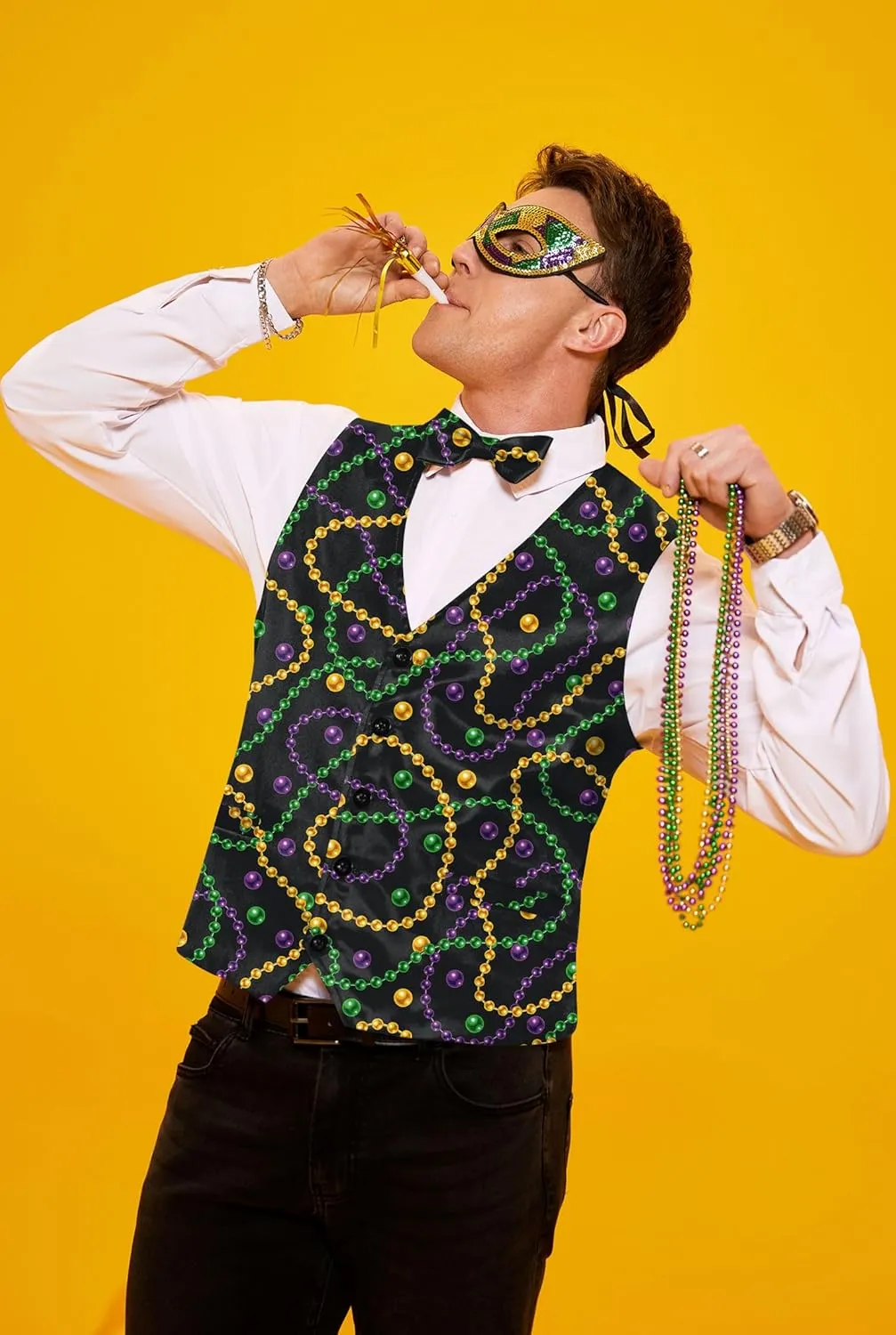 Arvilhill 3 Pcs Mens Mardi Gras Vest Suit Bow Tie Mask Sets Carnival Waistcoat (S-XXL)