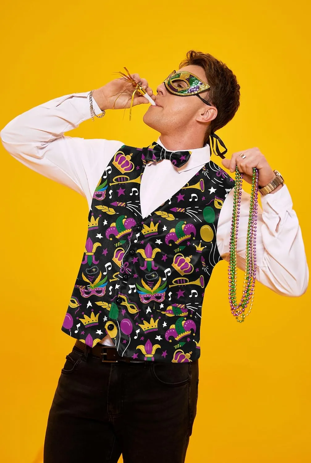 Arvilhill 3 Pcs Mens Mardi Gras Vest Suit Bow Tie Mask Sets Carnival Waistcoat (S-XXL)