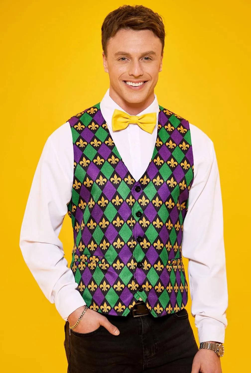Arvilhill 3 Pcs Mens Mardi Gras Vest Suit Bow Tie Mask Sets Carnival Waistcoat (S-XXL)