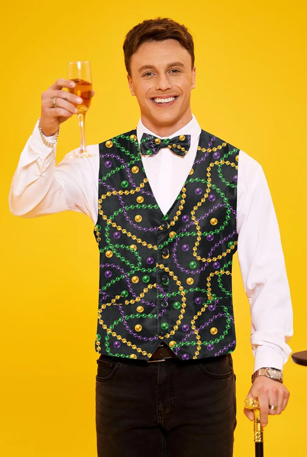 Arvilhill 3 Pcs Mens Mardi Gras Vest Suit Bow Tie Mask Sets Carnival Waistcoat (S-XXL)