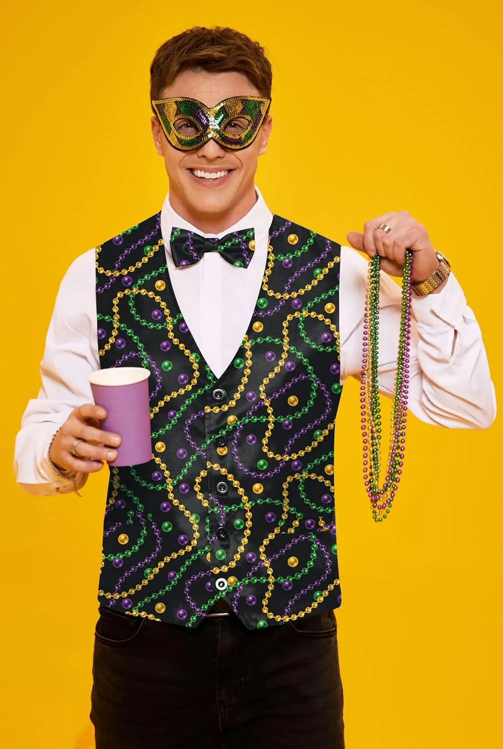 Arvilhill 3 Pcs Mens Mardi Gras Vest Suit Bow Tie Mask Sets Carnival Waistcoat (S-XXL)