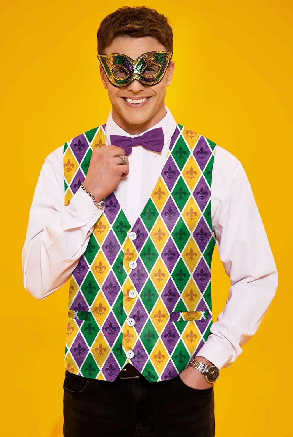 Arvilhill 3 Pcs Mens Mardi Gras Vest Suit Bow Tie Mask Sets Carnival Waistcoat (S-XXL)