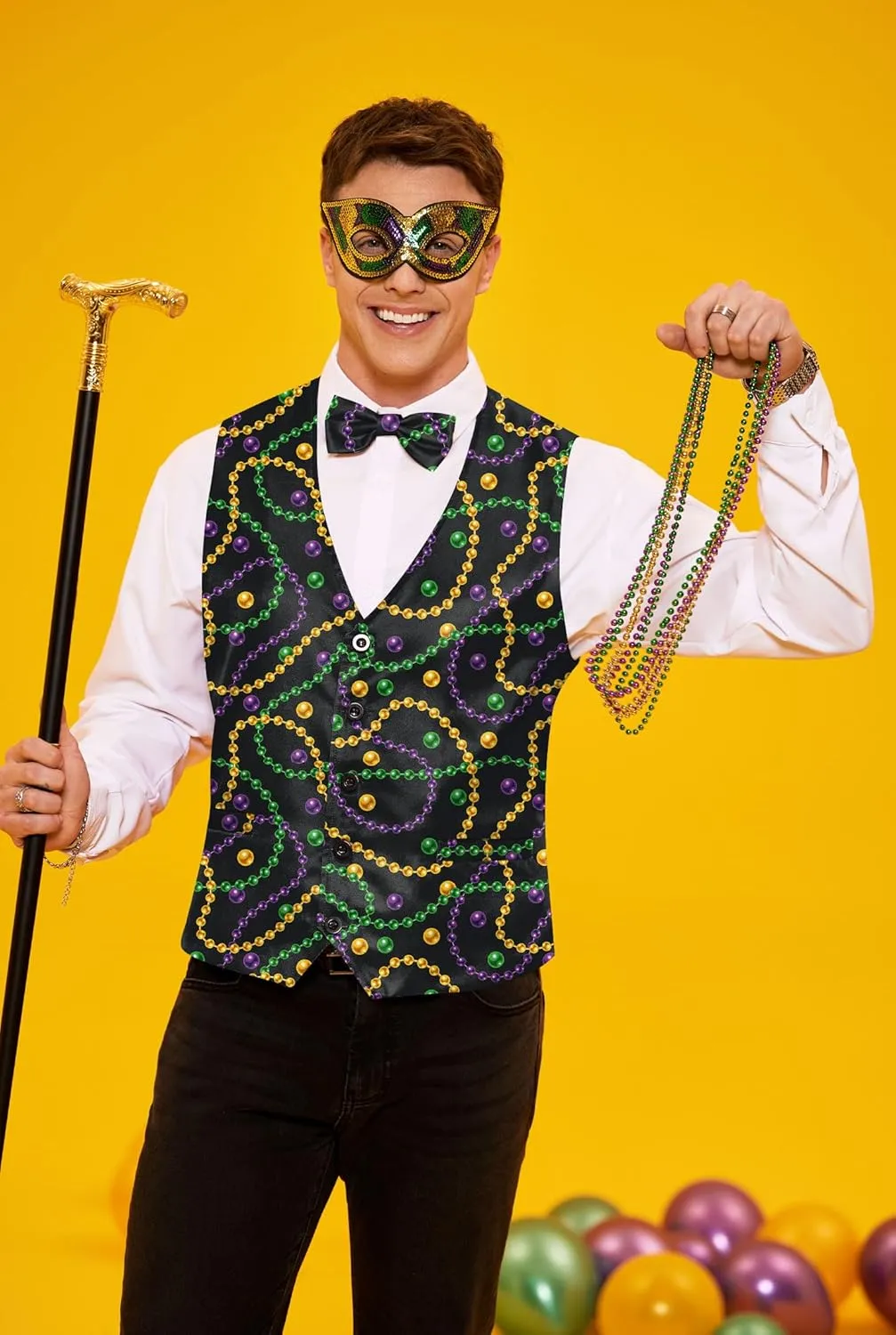 Arvilhill 3 Pcs Mens Mardi Gras Vest Suit Bow Tie Mask Sets Carnival Waistcoat (S-XXL)