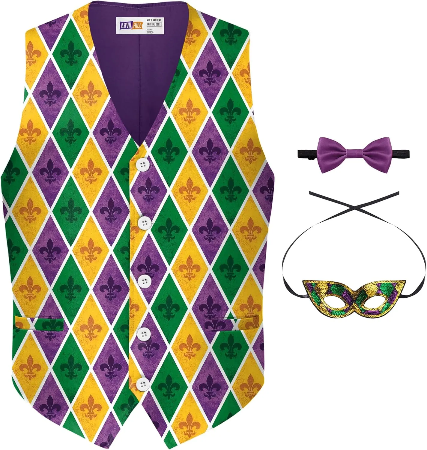 Arvilhill 3 Pcs Mens Mardi Gras Vest Suit Bow Tie Mask Sets Carnival Waistcoat (S-XXL)