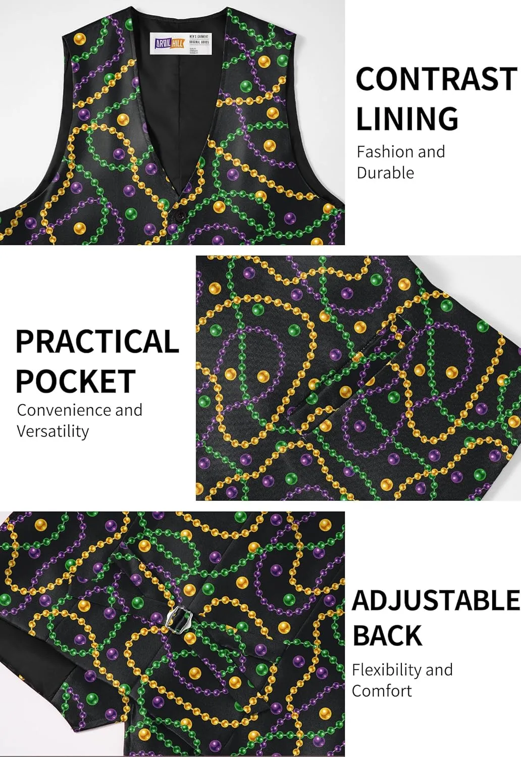 Arvilhill 3 Pcs Mens Mardi Gras Vest Suit Bow Tie Mask Sets Carnival Waistcoat (S-XXL)
