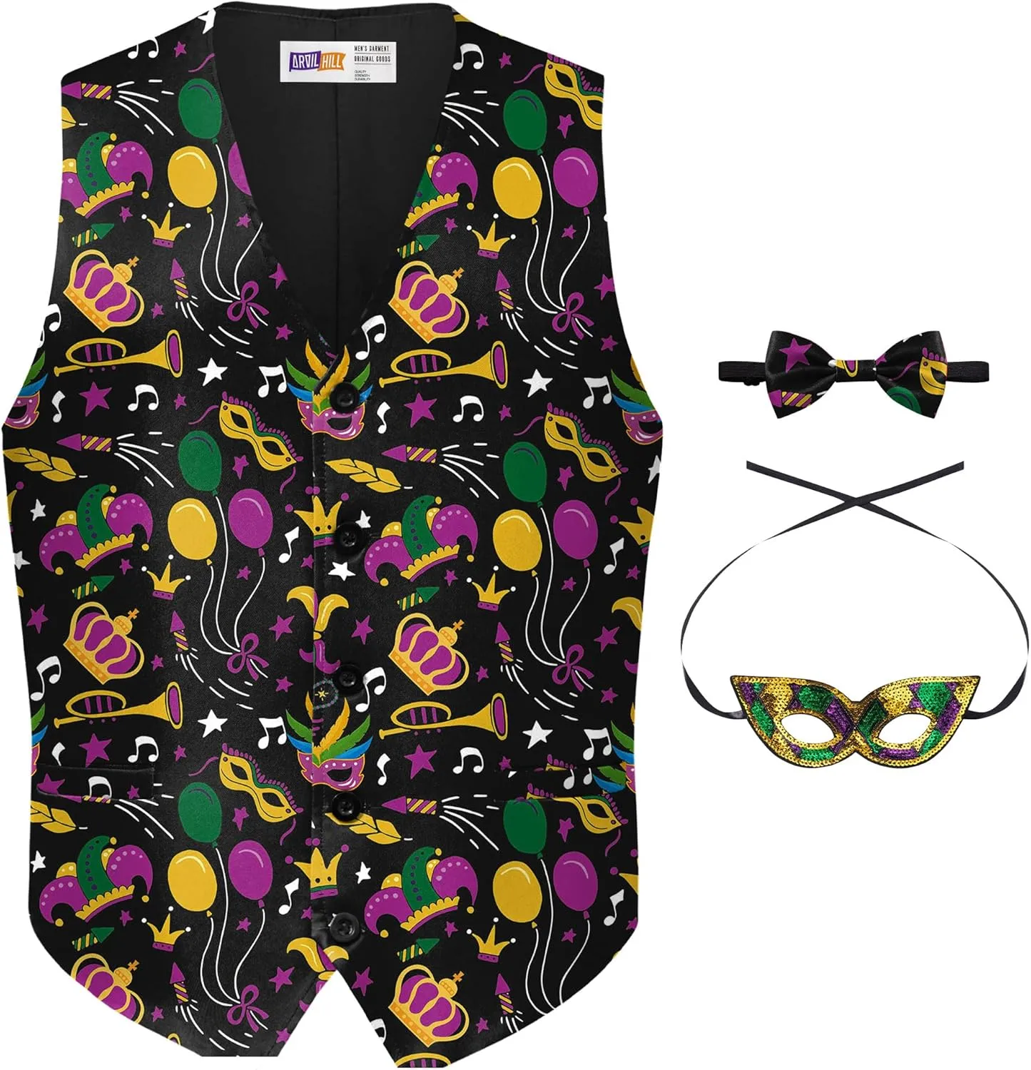 Arvilhill 3 Pcs Mens Mardi Gras Vest Suit Bow Tie Mask Sets Carnival Waistcoat (S-XXL)