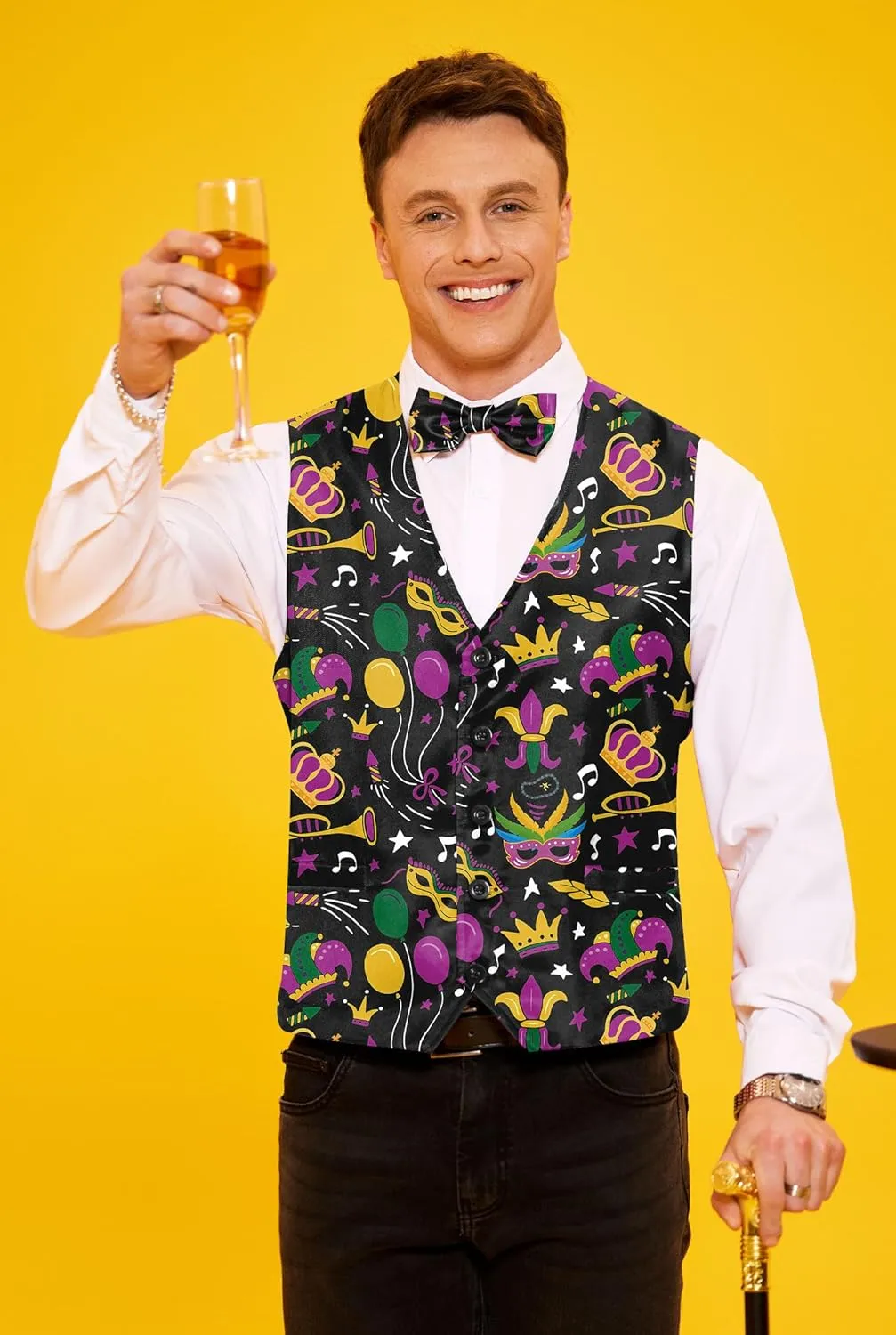 Arvilhill 3 Pcs Mens Mardi Gras Vest Suit Bow Tie Mask Sets Carnival Waistcoat (S-XXL)