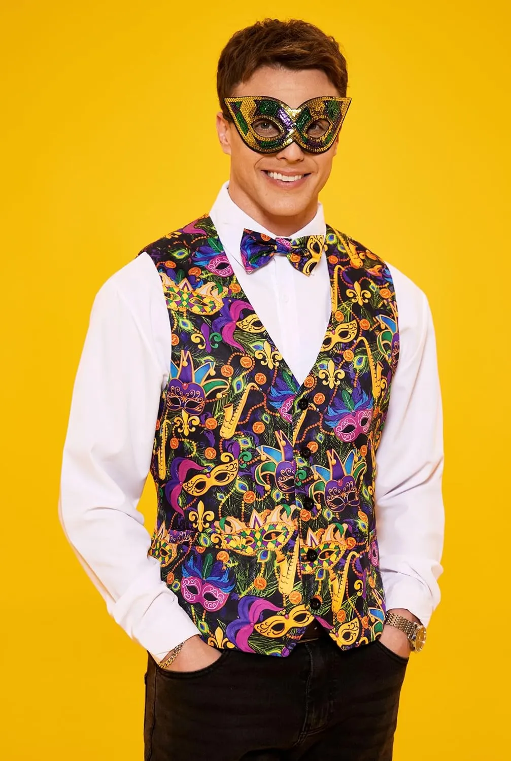 Arvilhill 3 Pcs Mens Mardi Gras Vest Suit Bow Tie Mask Sets Carnival Waistcoat (S-XXL)
