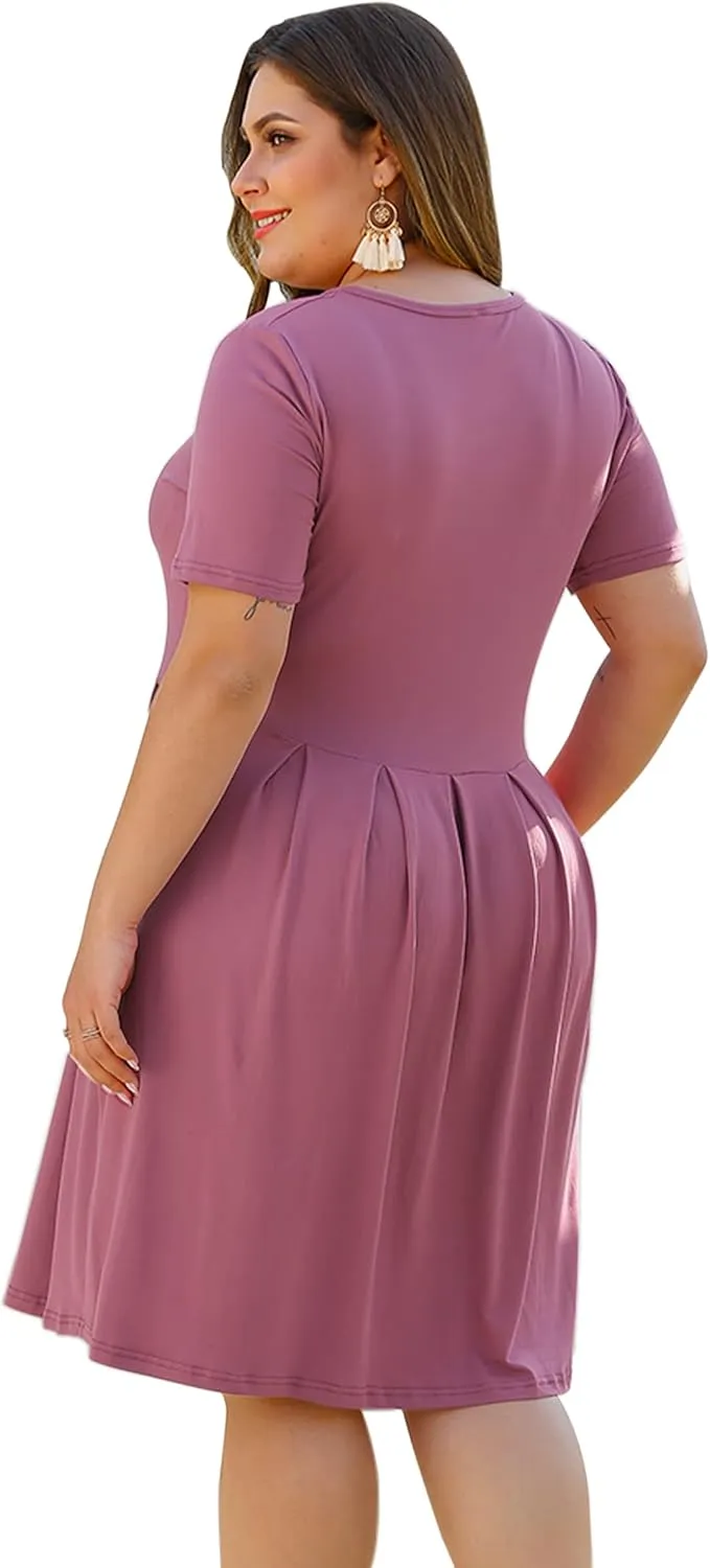 AUSELILY Women's Plus Size Round Neck Pleated Swing Dress with Pockets Knee Length