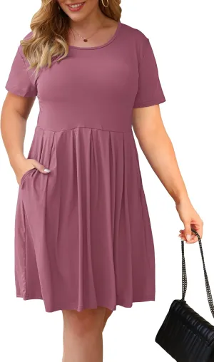 AUSELILY Women's Plus Size Round Neck Pleated Swing Dress with Pockets Knee Length