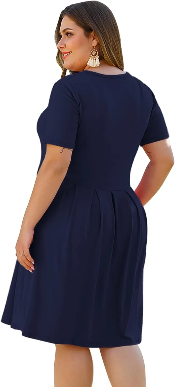 AUSELILY Women's Plus Size Round Neck Pleated Swing Dress with Pockets Knee Length