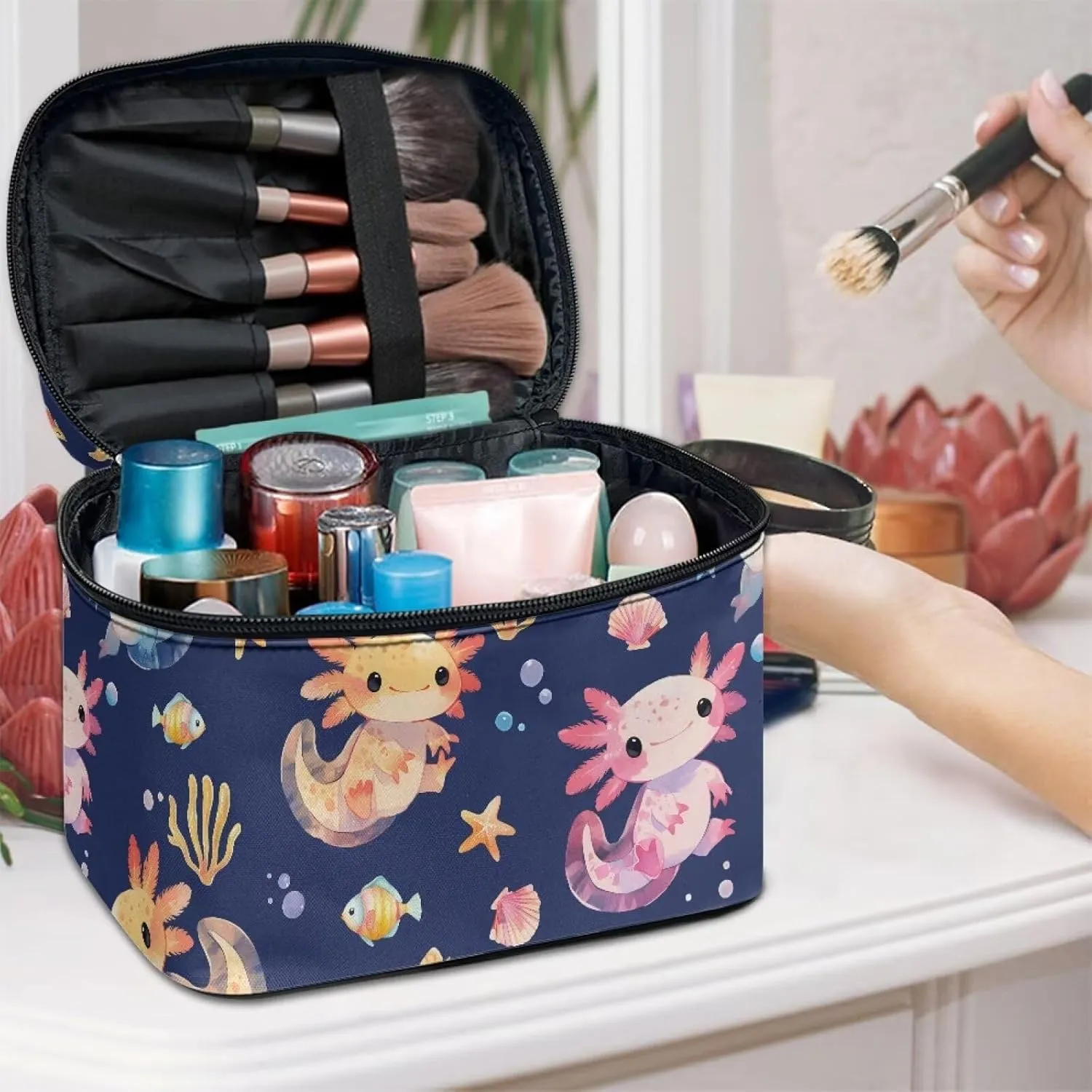 Axolotl Large Cosmetic Bag Cartoon Style Makeup Organizer with Inner Slots Lightweight Dual Zipper Toiletry Pouches for Women Storage Case Ease to Clean