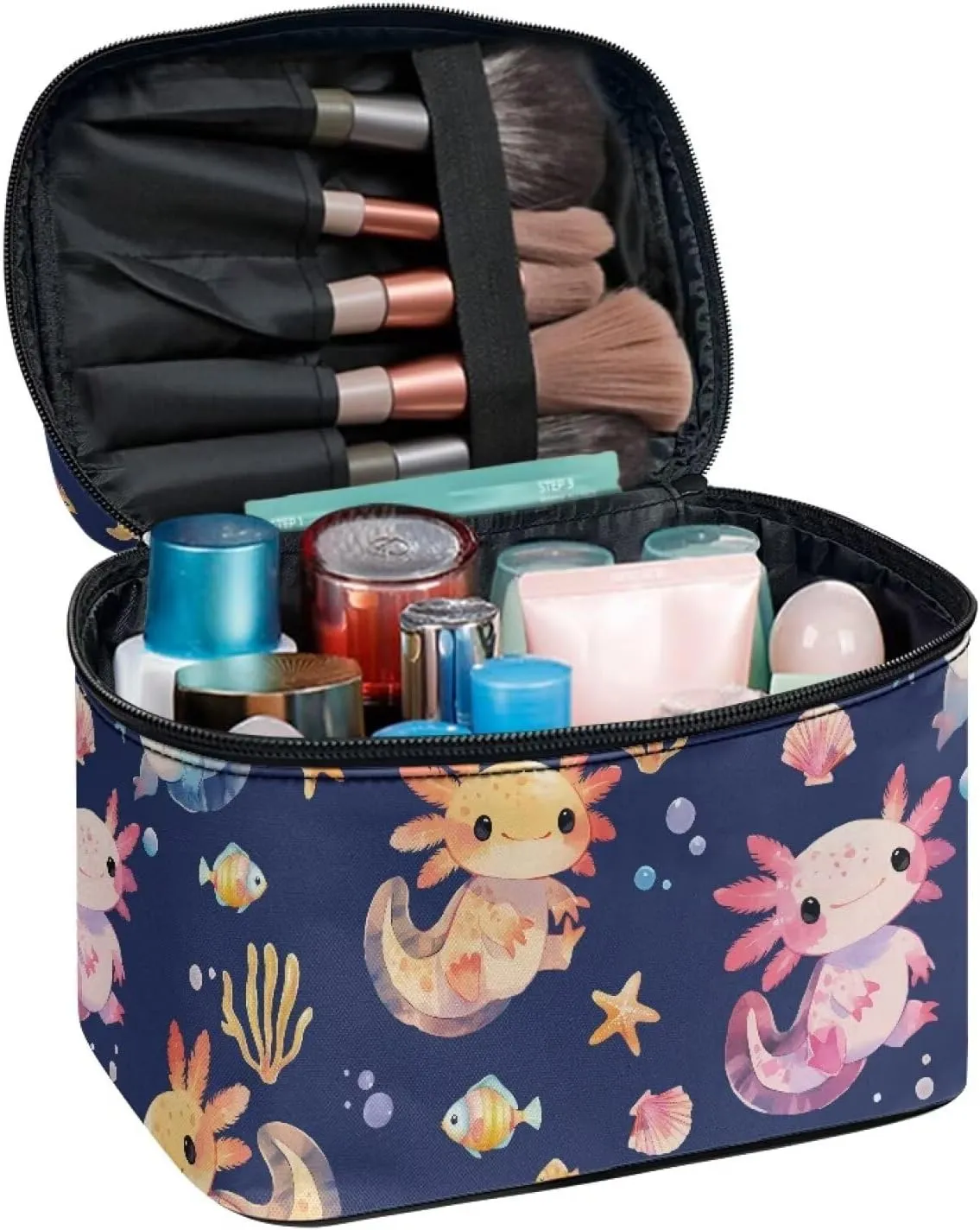 Axolotl Large Cosmetic Bag Cartoon Style Makeup Organizer with Inner Slots Lightweight Dual Zipper Toiletry Pouches for Women Storage Case Ease to Clean