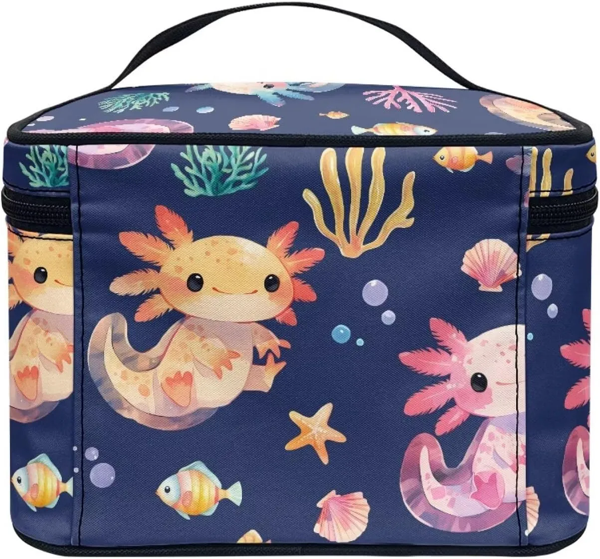 Axolotl Large Cosmetic Bag Cartoon Style Makeup Organizer with Inner Slots Lightweight Dual Zipper Toiletry Pouches for Women Storage Case Ease to Clean