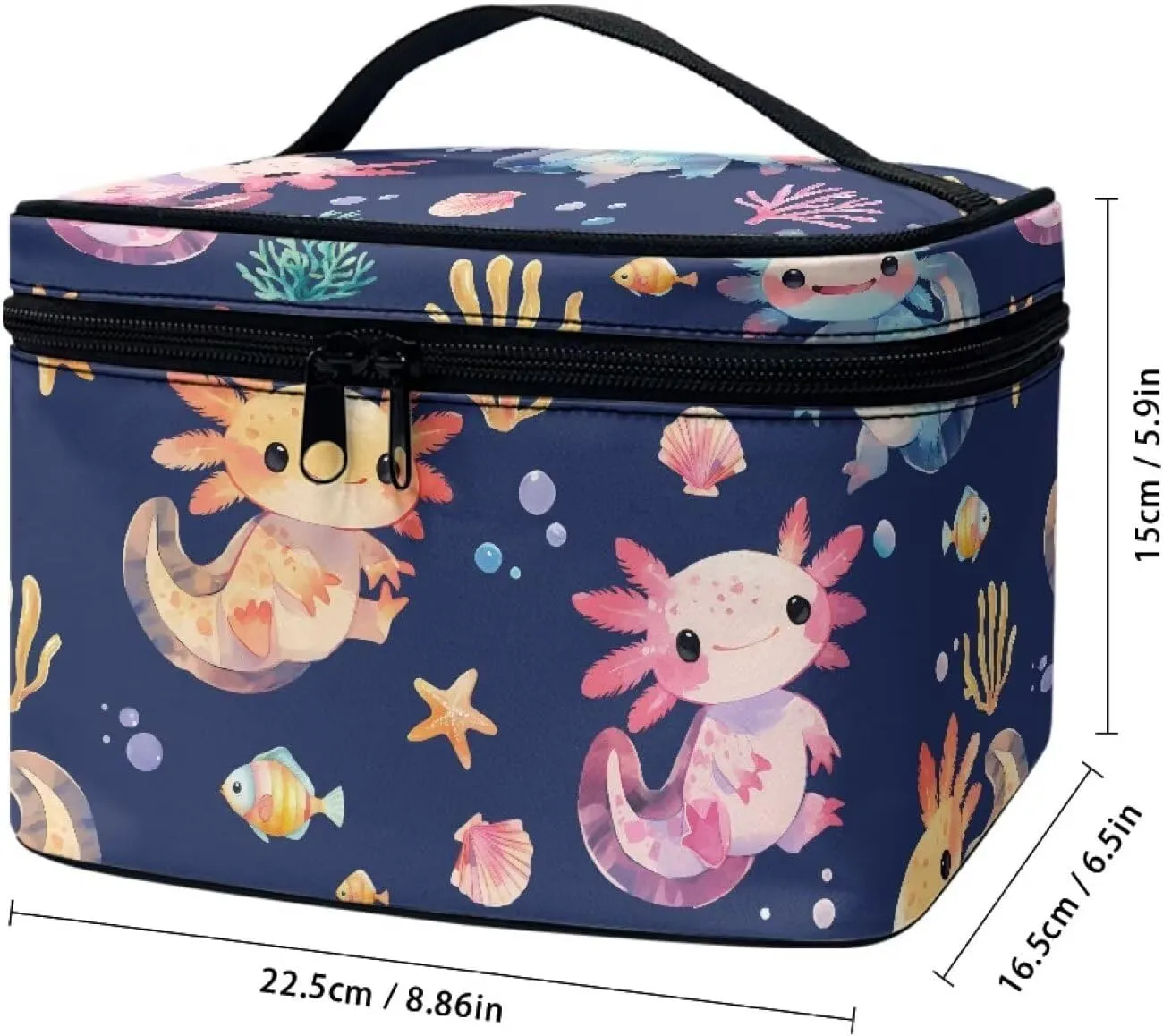 Axolotl Large Cosmetic Bag Cartoon Style Makeup Organizer with Inner Slots Lightweight Dual Zipper Toiletry Pouches for Women Storage Case Ease to Clean