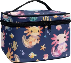 Axolotl Large Cosmetic Bag Cartoon Style Makeup Organizer with Inner Slots Lightweight Dual Zipper Toiletry Pouches for Women Storage Case Ease to Clean